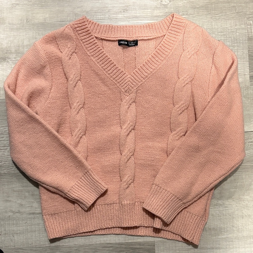 SHEIN Blush V-Neck Cable Knit Sweater